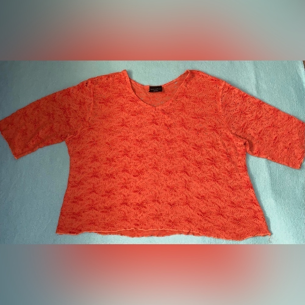 BRITTANY BLACK brocade floral embroidered short sleeve pullover orange size 3XL